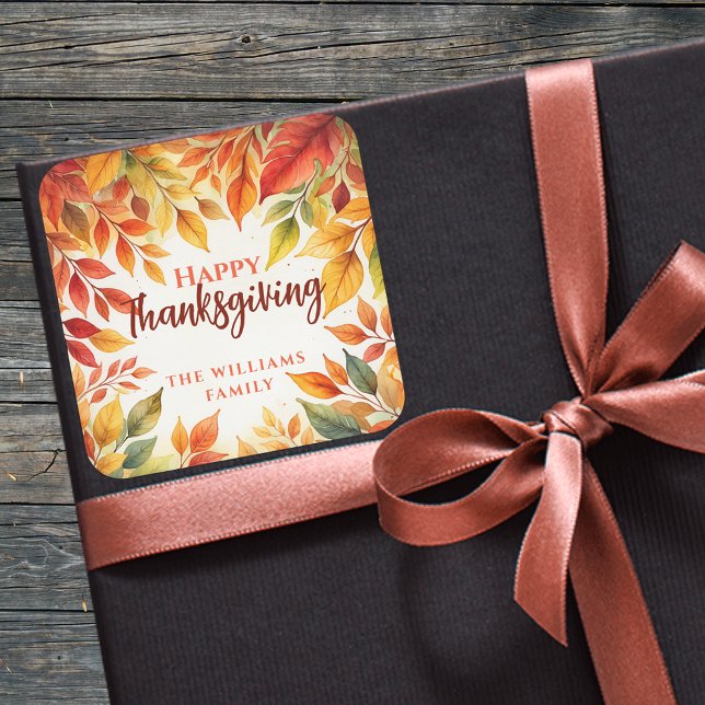 Elegant Watercolor Fall Leaves Border Thanksgiving Square Sticker (Creator Uploaded)