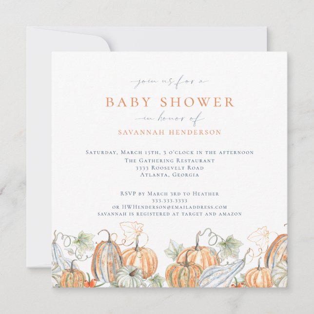 Elegant Watercolor Fall Pumpkin Baby Shower Invitation (Front)