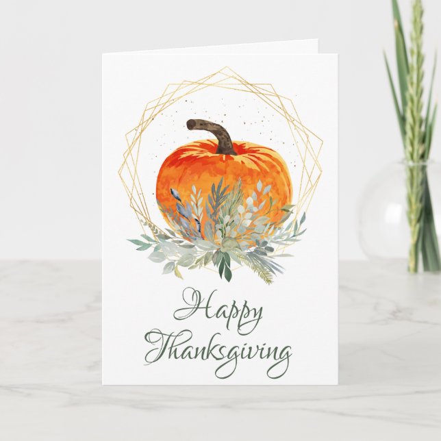 Elegant Watercolor Fall Pumpkin Thanksgiving Card (Front)