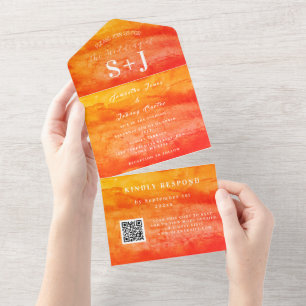 Elegant Watercolor Fall QR Code Wedding RSVP All In One Invitation
