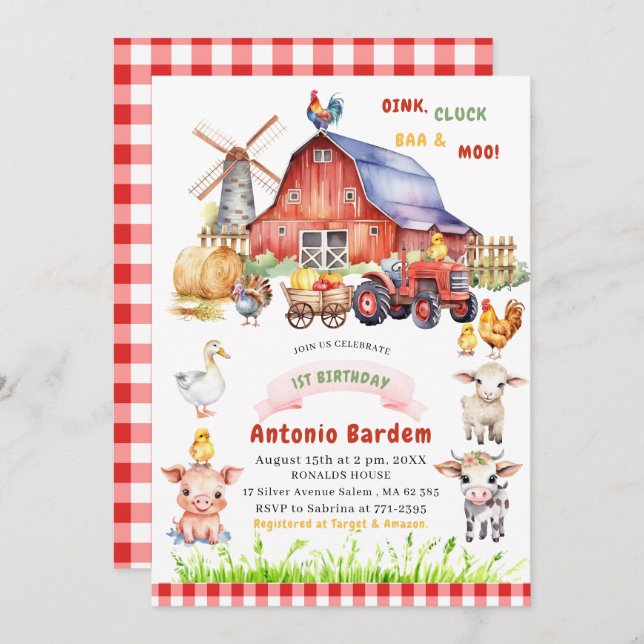 Elegant  Watercolor  Farm Baby  1st birthday Invitation (Front/Back)