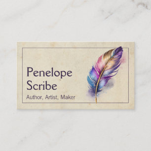 Elegant Watercolor Feather Writer and Author Business Card