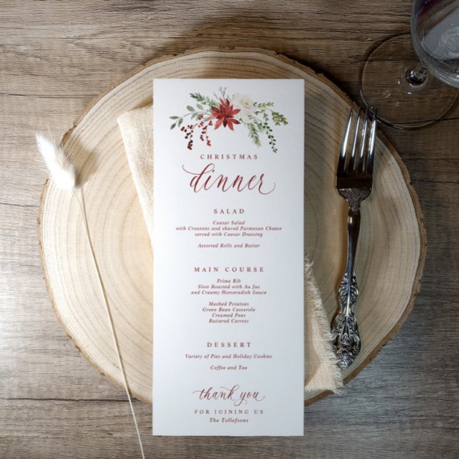 Elegant Watercolor Festive Christmas Dinner Menu (Elegant watercolor Christmas dinner menu with poinsettias, greenery, and floral accents.)