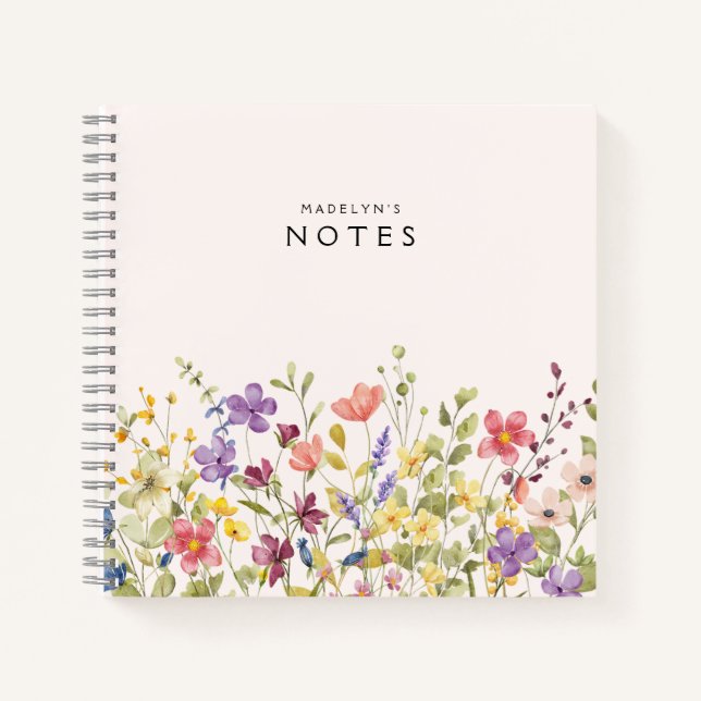 Elegant Watercolor Field Wildflowers Notebook (Front)