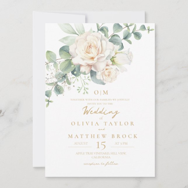 Elegant Watercolor Flora White Rose  Wedding Invitation (Front)