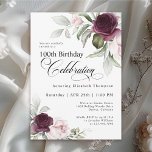 Elegant Watercolor Floral 100th Birthday Invitation<br><div class="desc">Celebrate a special milestone birthday with this beautiful 100th birthday party invitation. It features elegant floral borders in burgundy and pink roses on each side of the elegantly placed text. Colours include pale blush pink, deep burgundy red and plum mixed with ethereal greenery and tiny white accent flowers. Personalise the...</div>