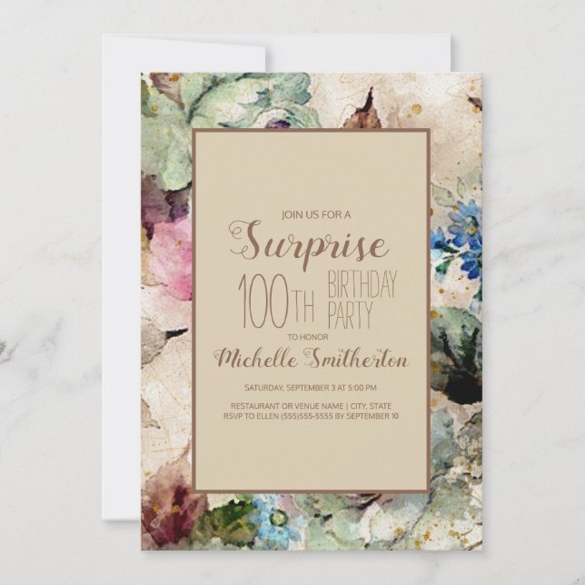 Elegant Watercolor Floral 100th Birthday  Invitation (Front)