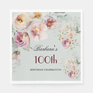 Elegant Watercolor Floral 100th Birthday Party  Napkin