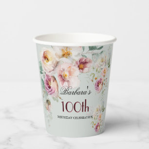 Elegant Watercolor Floral 100th Birthday Party Paper Cups