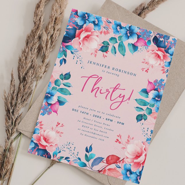 Elegant Watercolor Floral 30th Birthday Blush  Invitation (Elegant Watercolor Floral 30th Birthday Blush Invitation)