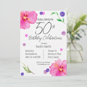 Elegant Watercolor Floral 50th Birthday Invitation