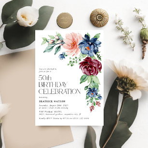 Elegant Watercolor Floral 50th Birthday  Invitation