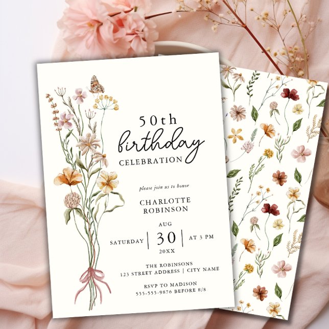 Elegant Watercolor Floral 50th Birthday Invitation (Elegant 50th Floral Birthday Invitation- Front and Back)