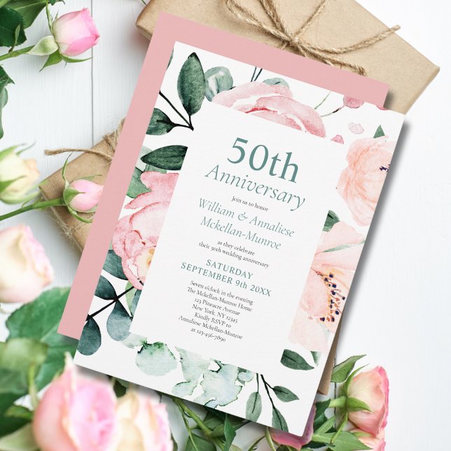 Elegant Watercolor Floral 50th Wedding Anniversary Invitation (Creator Uploaded)