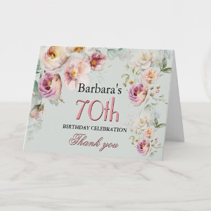 Elegant Watercolor Floral 70th Birthday Party Thank You Card