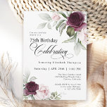 Elegant Watercolor Floral 75th Birthday Invitation<br><div class="desc">Celebrate a special milestone birthday with this beautiful 75th birthday party invitation. It features elegant floral borders in burgundy and pink roses on each side of the elegantly placed text. Colours include pale blush pink, deep burgundy red and plum mixed with ethereal greenery and tiny white accent flowers. Personalise the...</div>