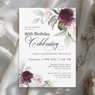 Elegant Watercolor Floral 80th Birthday Invitation