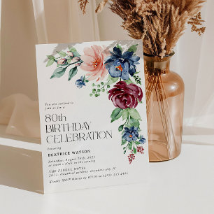 Elegant Watercolor Floral 80th Birthday Invitation