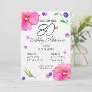 Elegant Watercolor Floral 80th Birthday Invitation