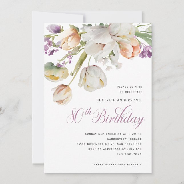 Elegant Watercolor Floral 80th Birthday Party Invitation (Front)