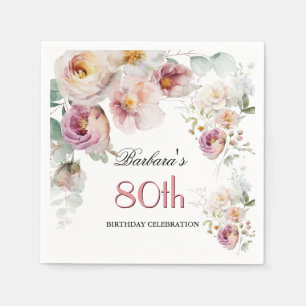 Elegant Watercolor Floral 80th Birthday Party   Napkin