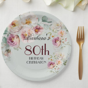 Elegant Watercolor Floral 80th Birthday Party   Paper Plate