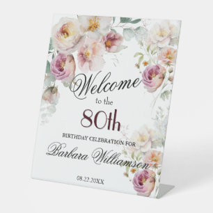 Elegant Watercolor Floral 80th Birthday Welcome Pedestal Sign