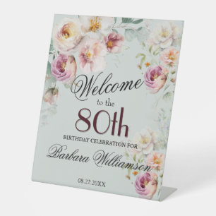 Elegant Watercolor Floral 80th Birthday Welcome Pedestal Sign