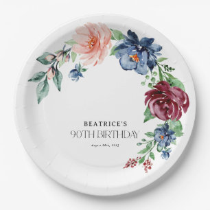 Elegant Watercolor Floral 90th Birthday Paper Plate