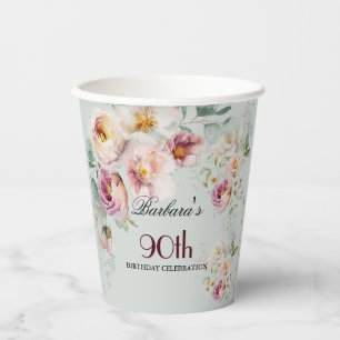 Elegant Watercolor Floral 90th Birthday Party  Paper Cups