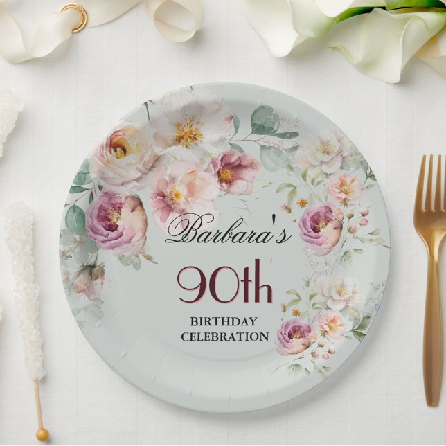 *Elegant Watercolor Floral 90th Birthday Party  Paper Plate (Creator Uploaded)