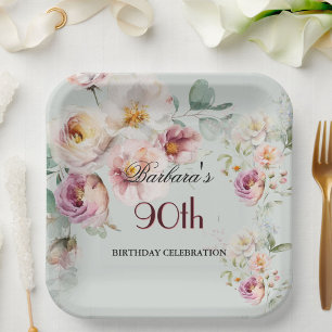 Elegant Watercolor Floral 90th Birthday Party  Paper Plate