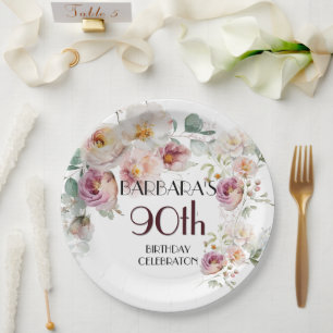 Elegant Watercolor Floral 90th Birthday Party Paper Plate