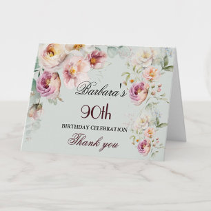 Elegant Watercolor Floral 90th Birthday Party Thank You Card