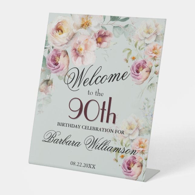 Elegant Watercolor Floral 90th Birthday Welcome  Pedestal Sign (Front)