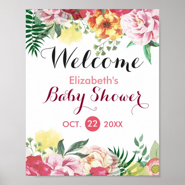 Elegant Watercolor Floral Baby Shower Sign Poster (Front)