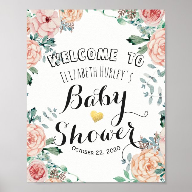 Elegant Watercolor Floral Baby Shower Welcome Sign (Front)
