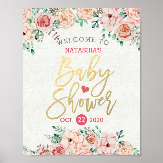 Elegant Watercolor Floral Baby Shower Welcome Sign (Front)