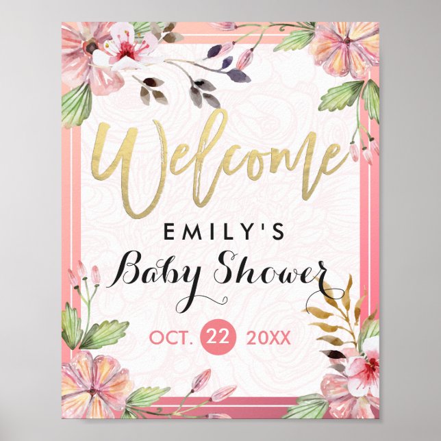 Elegant Watercolor Floral Baby Shower Welcome Sign (Front)