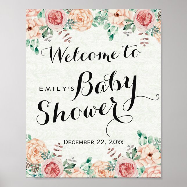 Elegant Watercolor Floral Baby Shower Welcome Sign (Front)