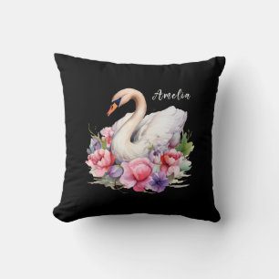 Elegant Watercolor Floral Black Swan Daughter name Cushion