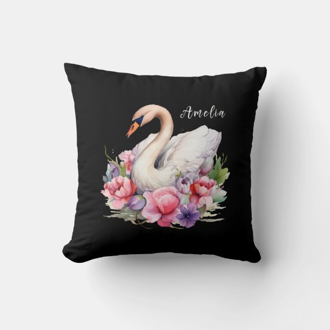 Elegant Watercolor Floral Black Swan Daughter name Cushion (Front)