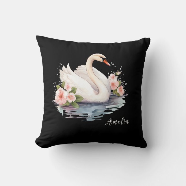 Elegant Watercolor Floral Black Swan Daughter name Cushion (Front)