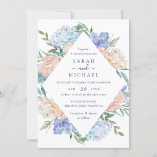 Elegant Watercolor Floral Blue Blush Frame Wedding Invitation