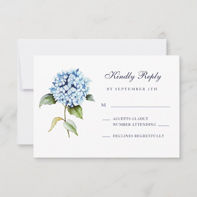 Elegant Watercolor Floral Blue Hydrangea Wedding RSVP Card (Front)