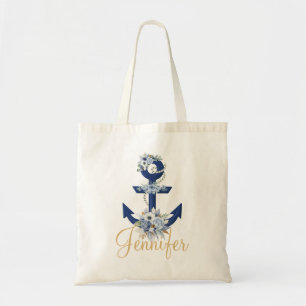 elegant watercolor floral blue nautical gold name tote bag