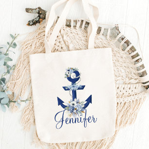 elegant watercolor floral blue nautical name tote bag