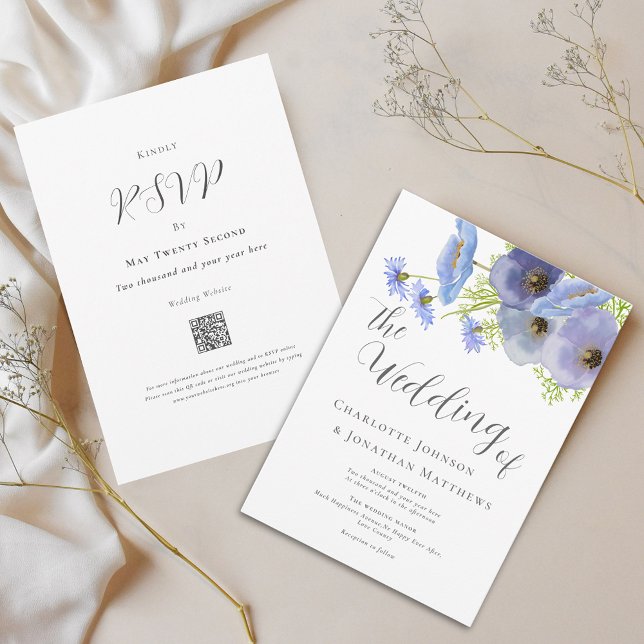 Elegant Watercolor Floral Blue Wedding Qr Code Invitation (Elegant watercolor boho wildflower bouquet blue floral wedding qr code invitation)
