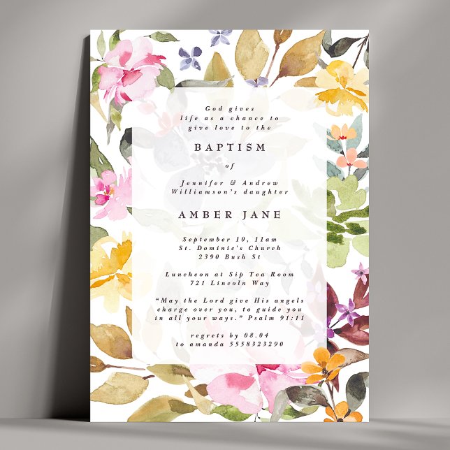 Elegant Watercolor Floral Botanical Baptism Invitation (Creator Uploaded)