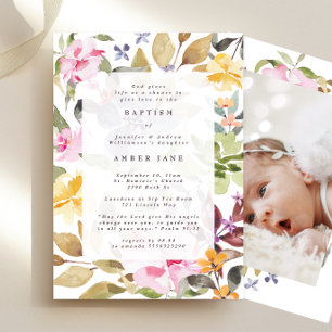 Elegant Watercolor Floral Botanical Baptism Photo Invitation